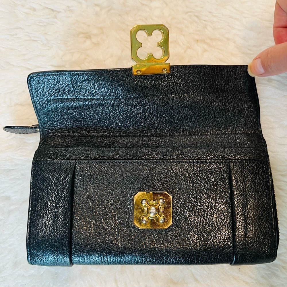 Chloe Elsie Continental Turn Lock Black Goat Skin Leather Zip Long Wallet